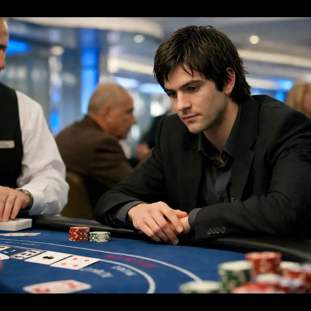 Jim Sturgess jako Ben Campbell przy stole do blackjacka w filmie 21