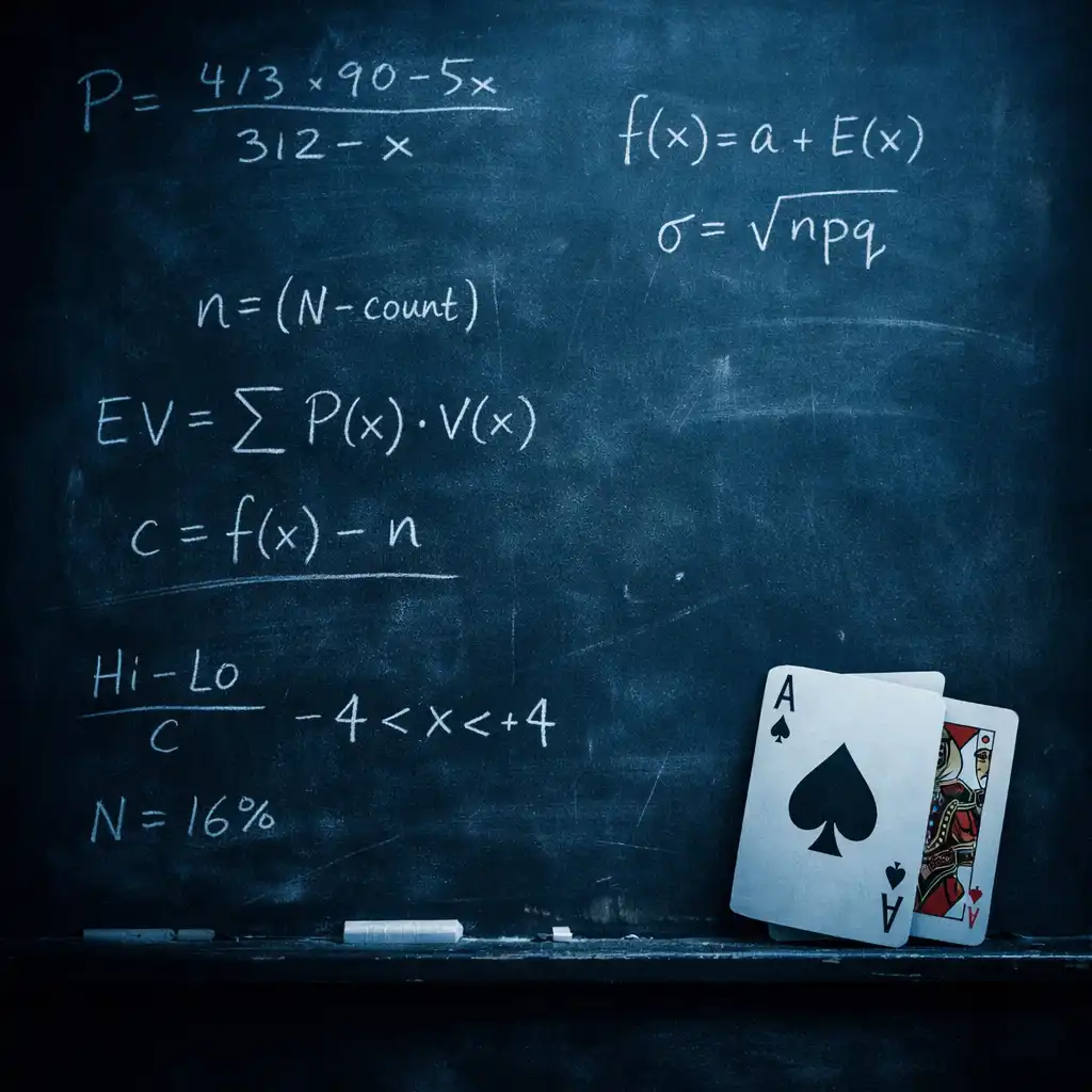Tablica z równaniami matematycznymi i karty do blackjacka z filmu 21