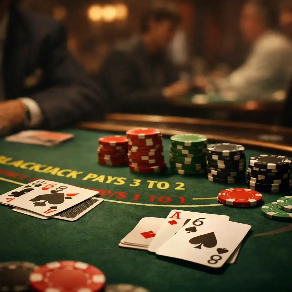 Zbliżenie na stół do blackjacka w scenie z Rain Man, z kartami i żetonami