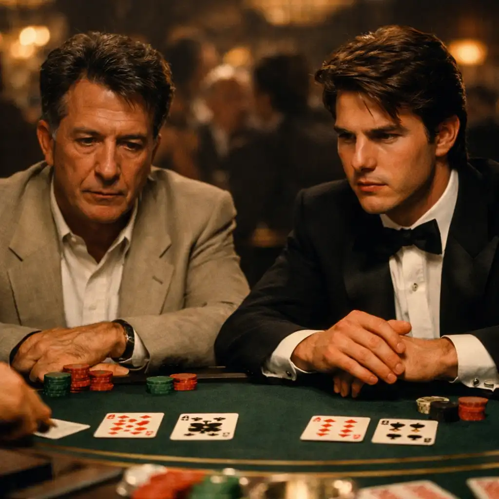 Kadr z filmu Rain Man z Dustinem Hoffmanem i Tomem Cruise'em przy stole do blackjacka
