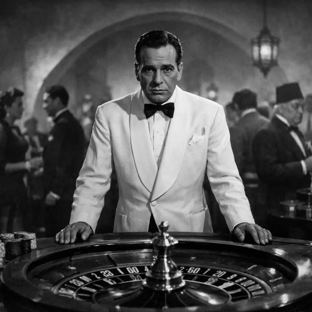Humphrey Bogart jako Rick przy stole do ruletki w filmie Casablanca