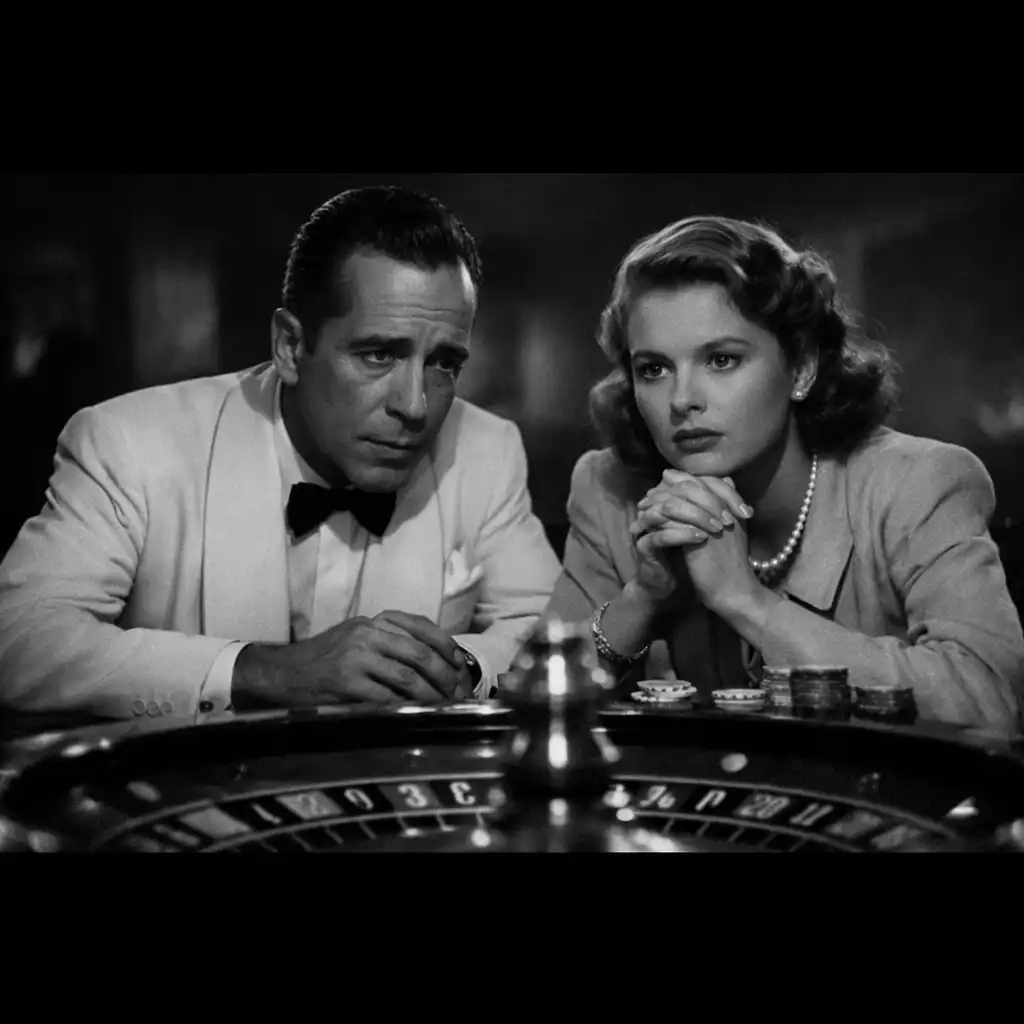 Humphrey Bogart i Ingrid Bergman przy stole do ruletki w scenie z Casablanki