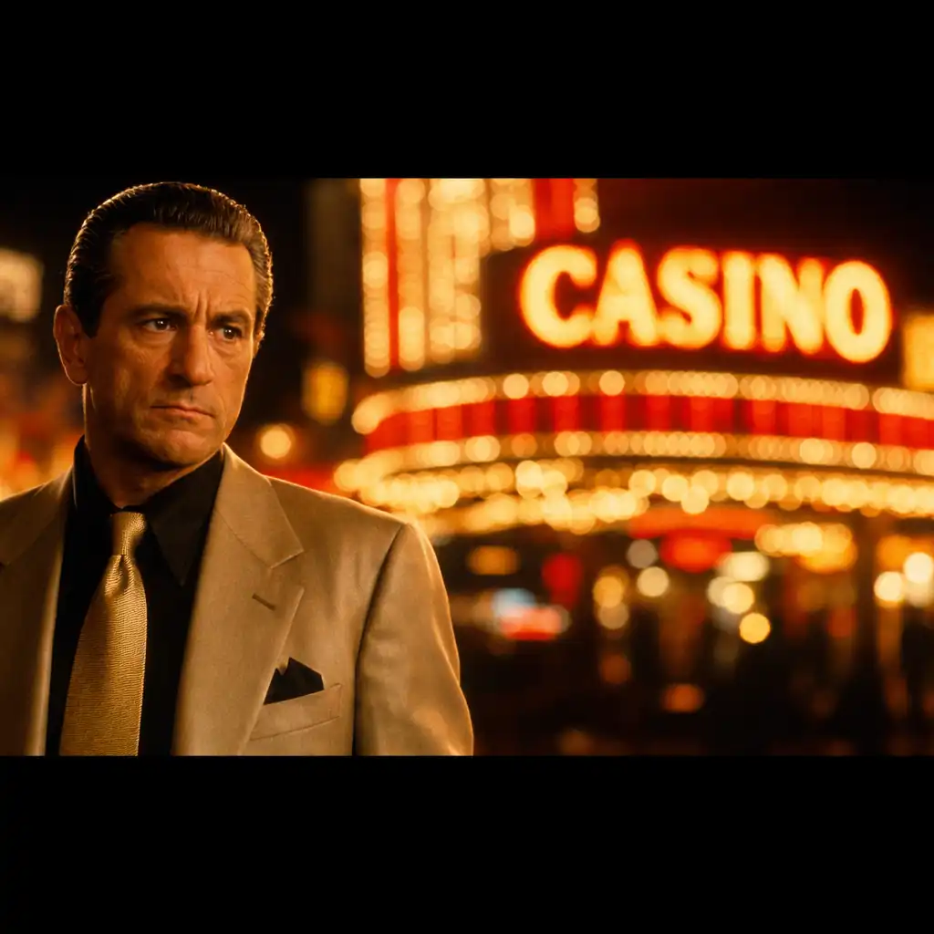 Robert De Niro jako Sam Ace Rothstein na tle kasyna w Las Vegas