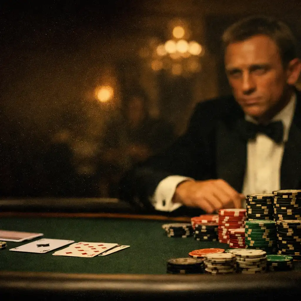 Kadr z filmu Casino Royale: James Bond przy stole pokerowym w luksusowym kasynie