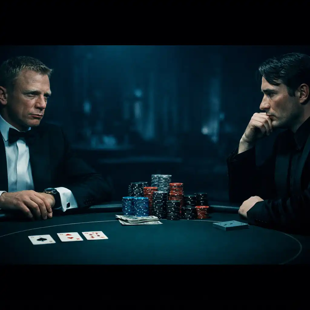 Daniel Craig i Mads Mikkelsen przy stole pokerowym w finałowej scenie Casino Royale