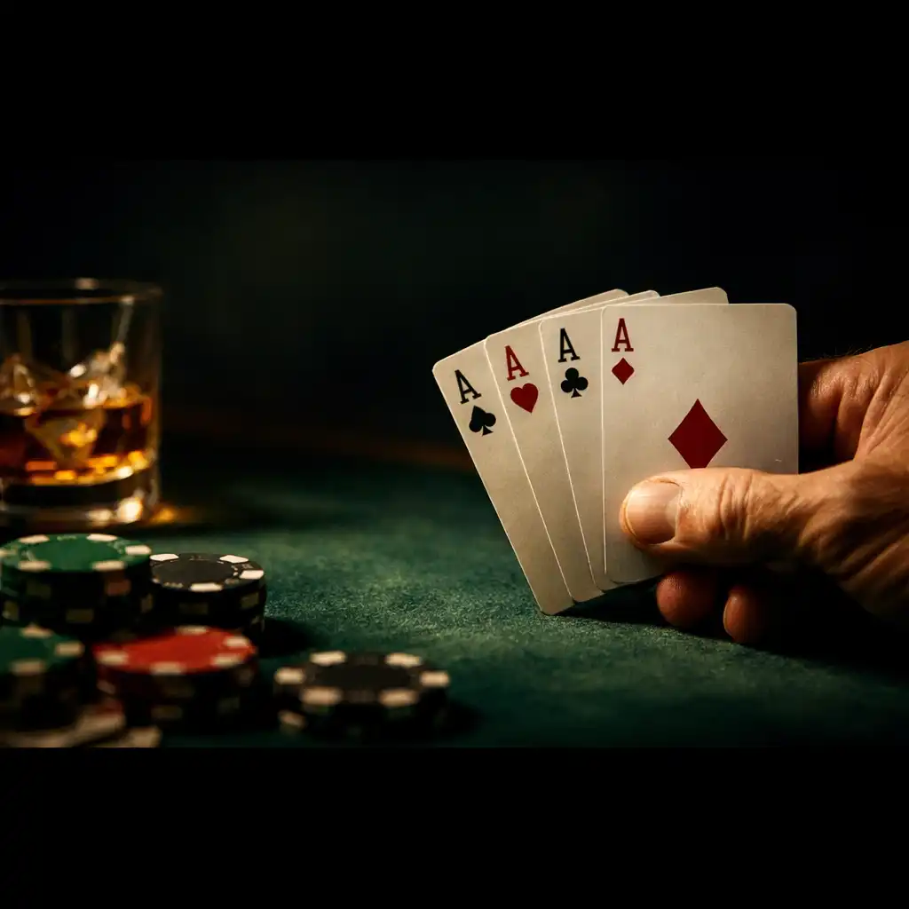Zbliżenie na dłoń trzymającą karty pokerowe, na stole żetony i kieliszek whisky