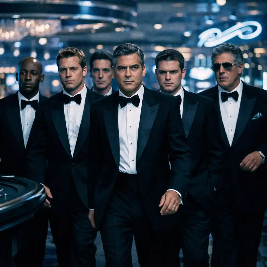 Grupa eleganckich mężczyzn w smokingach idzie przez kasyno w filmie Ocean's Eleven