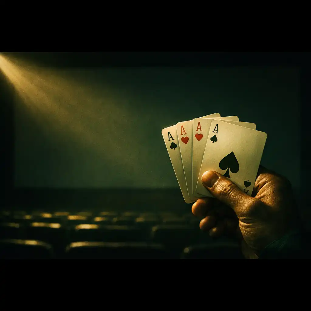 Dłoń trzymająca karty pokerowe na tle ciemnego ekranu kinowego