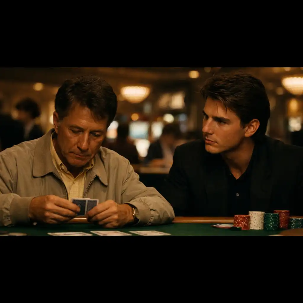 Dustin Hoffman i Tom Cruise przy stole do blackjacka w filmie Rain Man