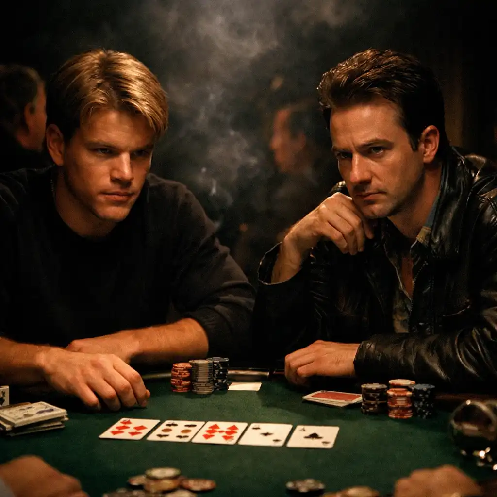 Kadr z filmu Rounders (1998): Matt Damon i Edward Norton przy stole pokerowym
