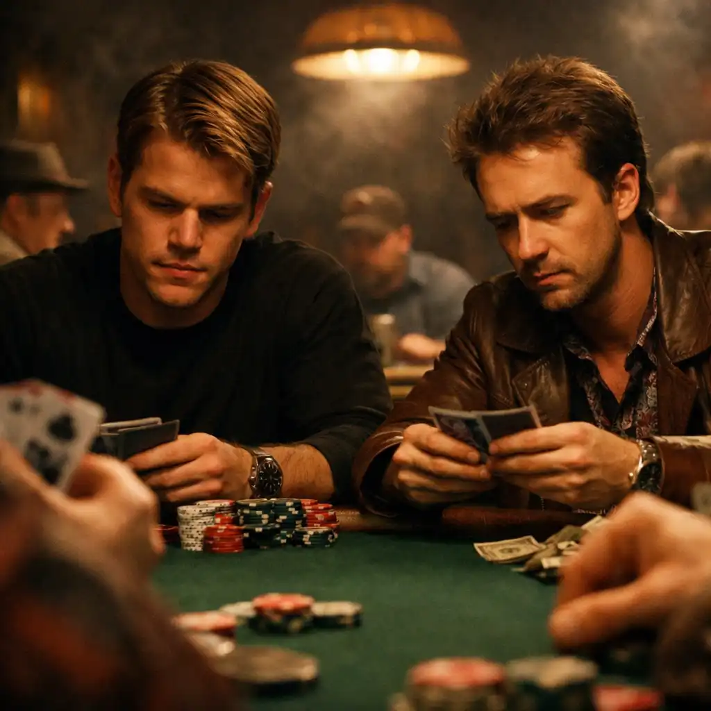 Matt Damon i Edward Norton przy stole pokerowym w filmie Rounders