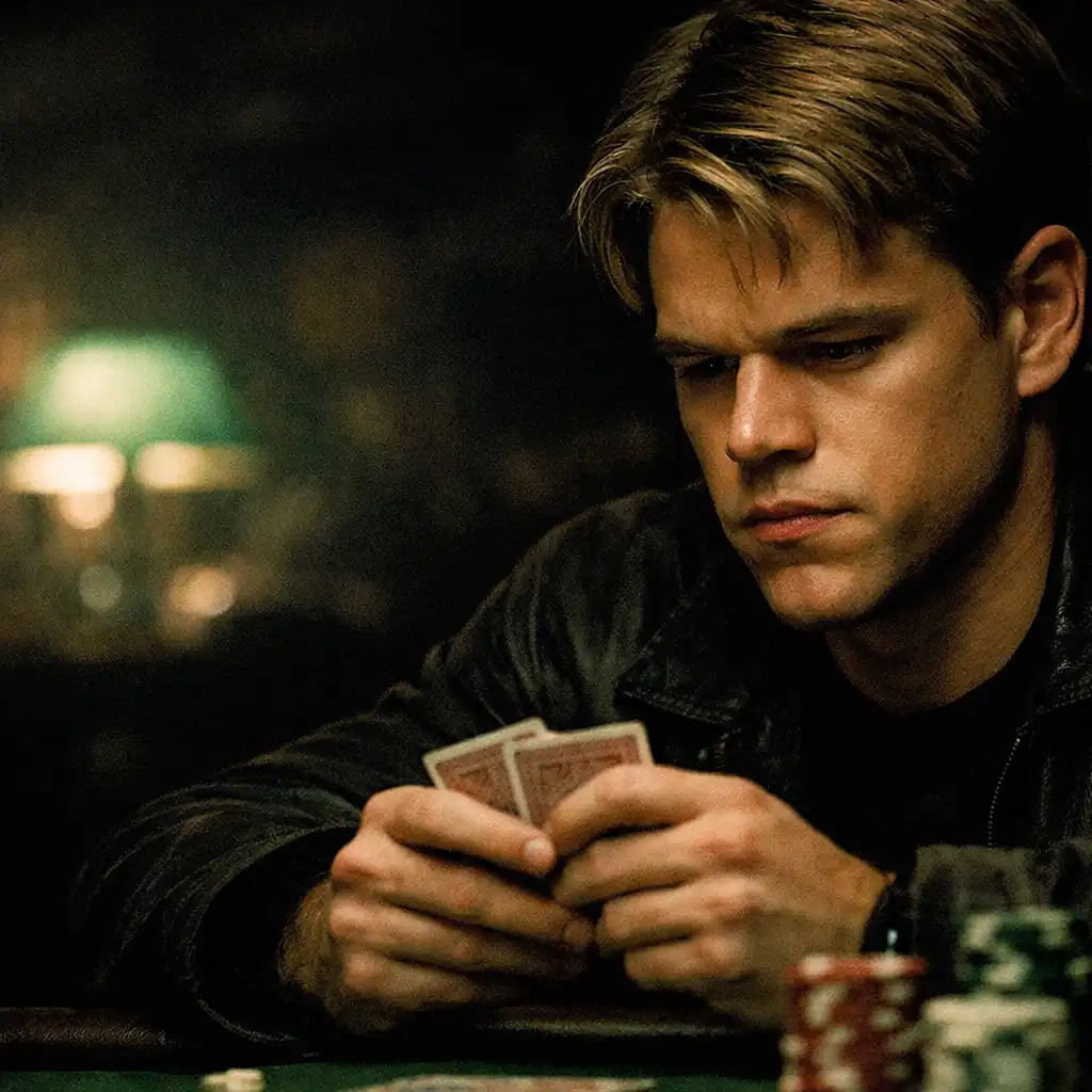 Kadr z filmu Rounders: młody pokerzysta intensywnie studiuje karty w podziemnym klubie