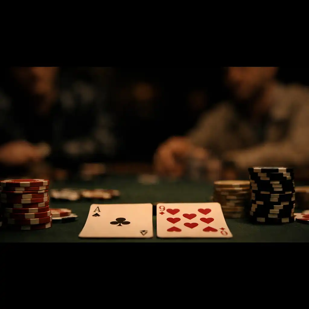 Zbliżenie na karty i żetony na stole pokerowym w filmie Rounders