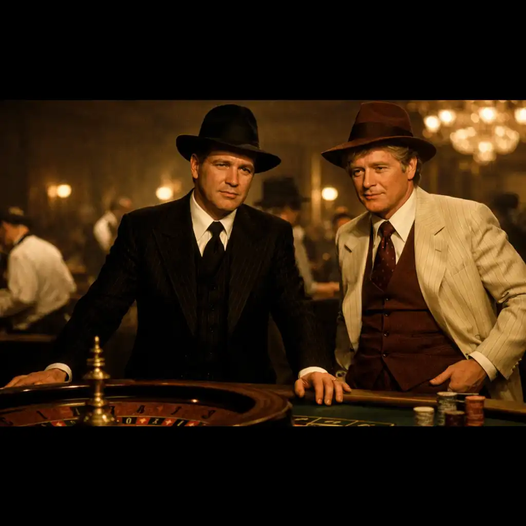 Paul Newman i Robert Redford przy stole do ruletki w filmie The Sting