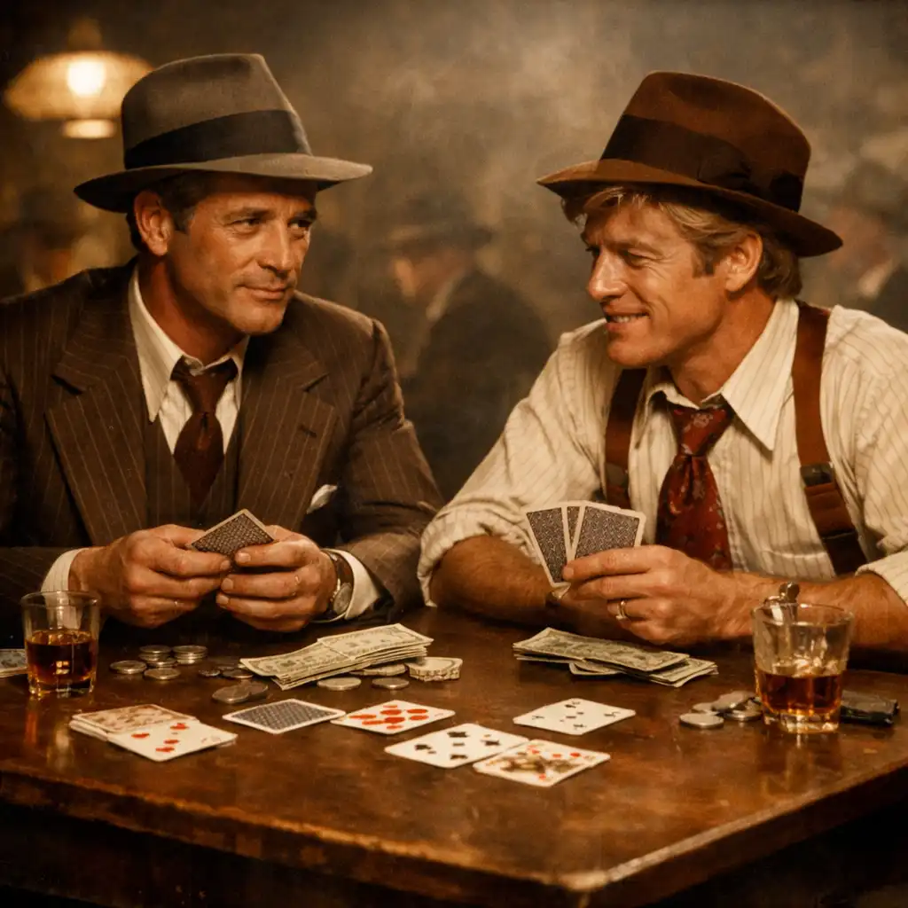Kadr z filmu The Sting: dwaj mężczyźni w garniturach z lat 30. przy stole z kartami i pieniędzmi
