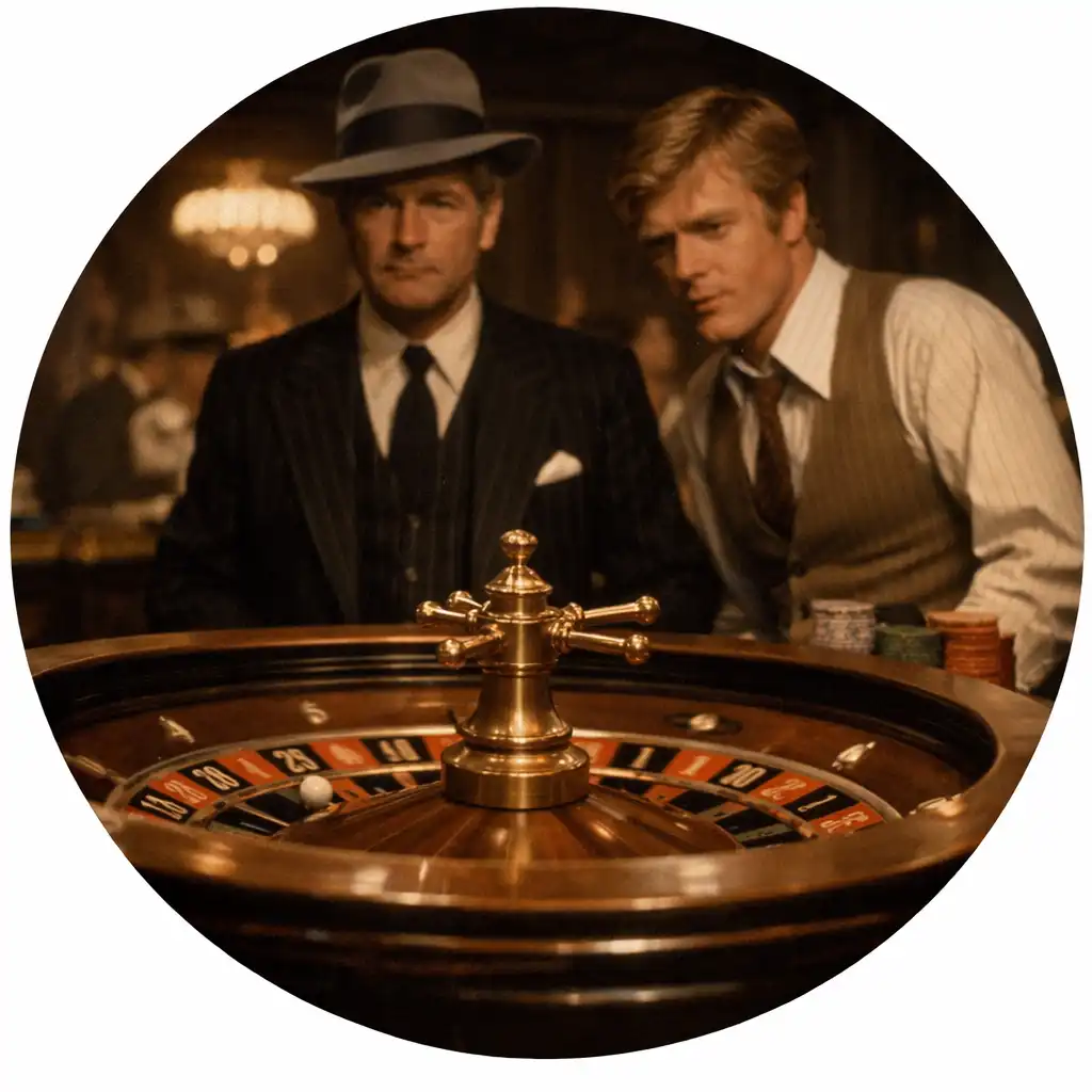 Stół do ruletki w kasynie z lat 30., w tle Paul Newman i Robert Redford